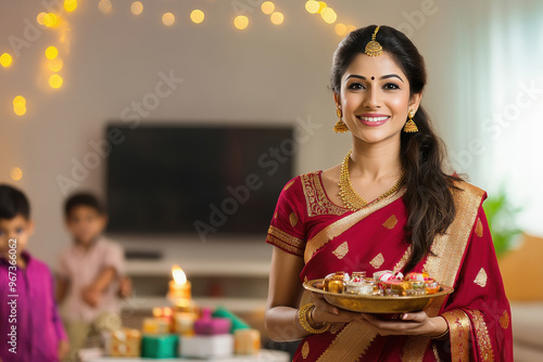 young indian woman holding pooja thali at home photo