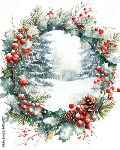 A festive winter wreath adorned with pine, holly, and berries, framing a serene snowy landscape.