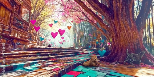 A psychedelic forest filled with neon-colored trees, surreal animals, and floating geometric shapes, symbolizing living life adventurously photo