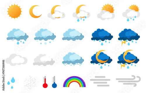 weather icons set on transparent background. White clouds, fog sign, day and night