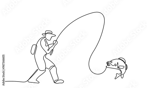continuous line drawing of a young fisherman standing.single-line Man fishing from a lake coast with a fishing rod.Man fishing as a leisure activity during his vacation isolated on a white background.