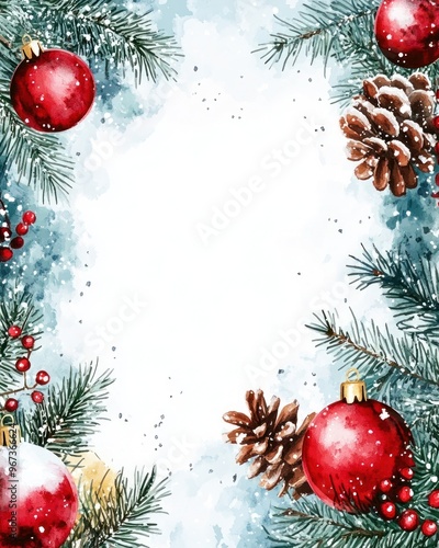 A festive watercolor frame featuring red ornaments, pinecones, and evergreen branches, perfect for holiday greeting cards.