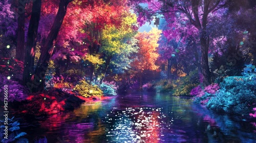 magical forest with vibrant colorful plant tree with stream river, dream fantasy concept video animation background Seamless looping time-lapse 4k quality