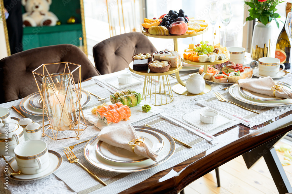 Fototapeta premium Arranged festive table. Table with snacks for a special occasion Romantic dinner