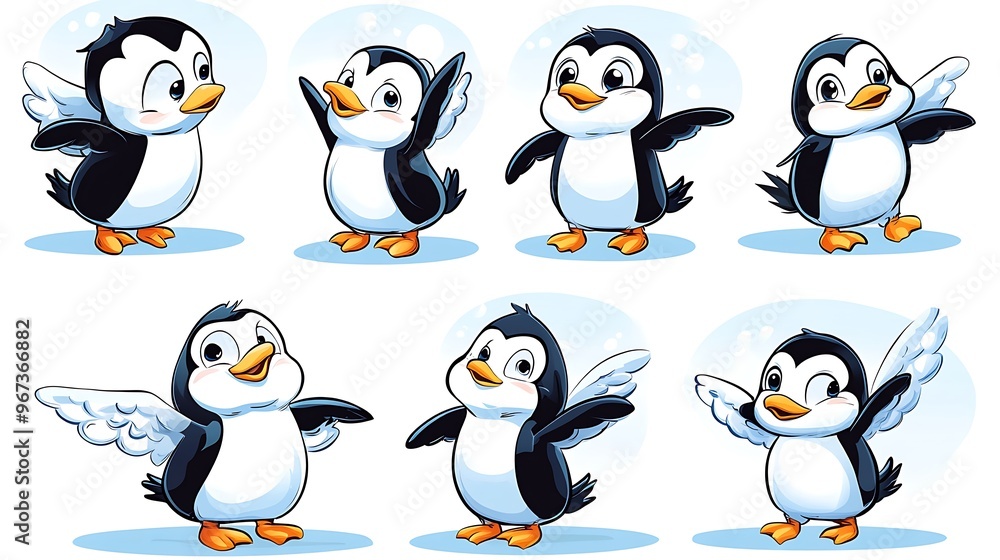 A playful variety of cartoon penguins in dynamic sliding and waddling poses, perfect for arctic and winter-themed designs. A playful variety of cartoon penguins in dynamic sliding and waddling poses, perfect for arctic and winter-themed designs.