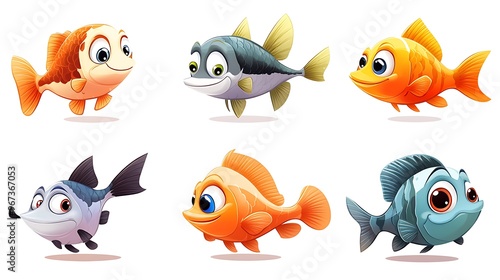 A vibrant array of cartoon fish in various swimming poses, great for aquatic and underwater-themed projects. 