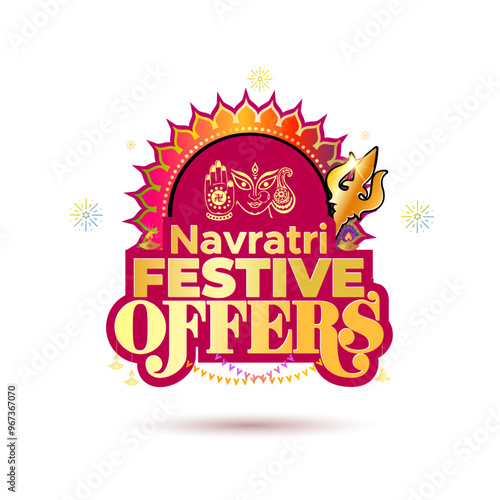 Navratri festive offers logo concept for sale and Shopping promotion. Goddess durga with indian traditional vintage golden ornament frame design.