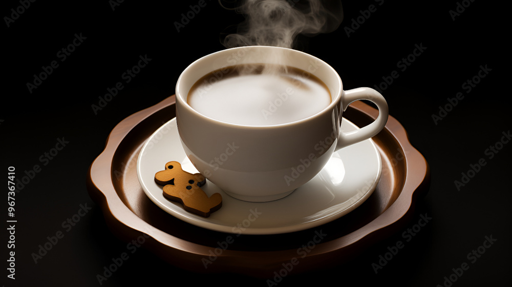Cup with a saucer, steaming coffee in it, a small cookie, on an original tray, dark background, the concept of a coffee drink. Cup with a saucer, steaming coffee in it, a small cookie, on an original tray, dark background, the concept of a coffee drink.