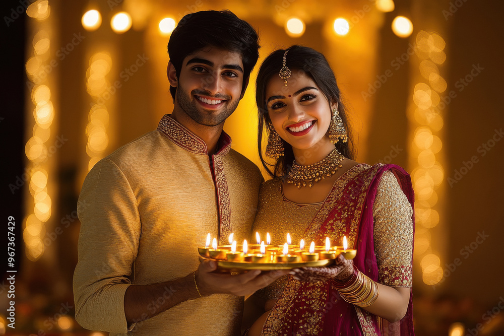 young indian couple holding oil lamp in the plate young indian couple holding oil lamp in the plate