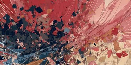 A surreal depiction of war and peace with half the wallpaper filled with chaotic red and black shapes and the other half with soothing blues and greens