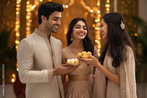 young indian people holding sweet plate together on diwali festival photo