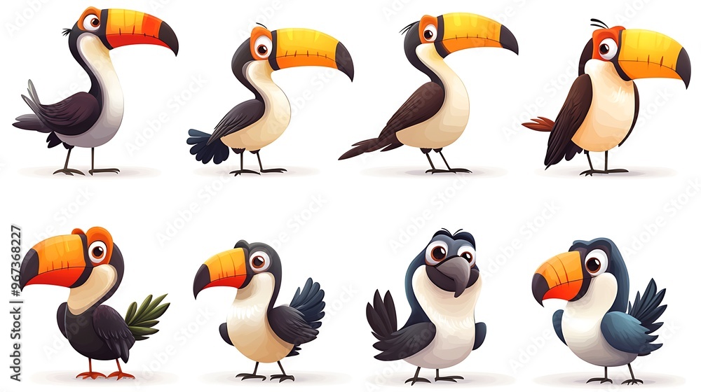 Obraz premium A whimsical collection of cartoon toucans in colorful perched and flying poses, ideal for tropical and rainforest-themed illustrations. 