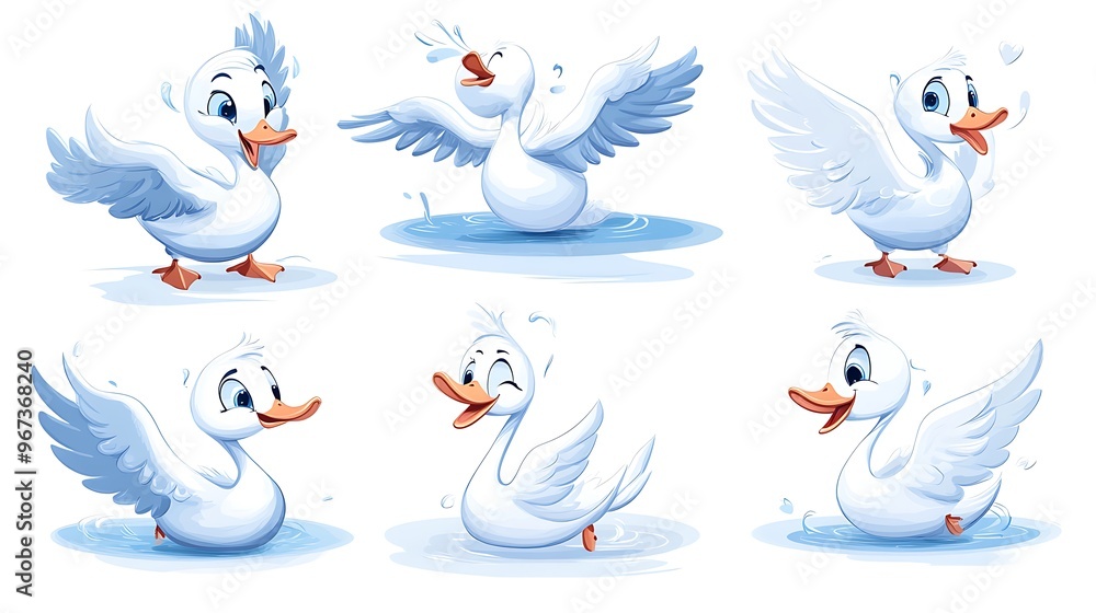 A whimsical collection of cartoon swans in elegant swimming and flying poses, ideal for lake and garden-themed designs. A whimsical collection of cartoon swans in elegant swimming and flying poses, ideal for lake and garden-themed designs.