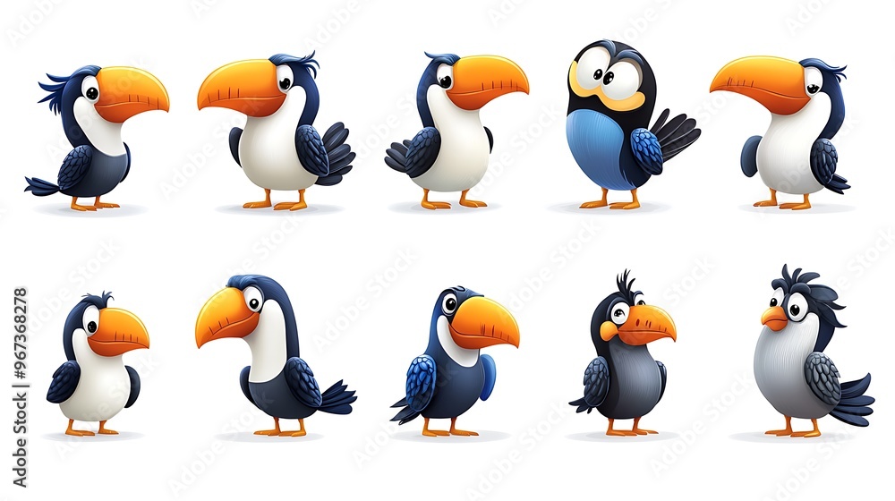 Obraz premium A whimsical collection of cartoon toucans in colorful perched and flying poses, ideal for tropical and rainforest-themed illustrations. 