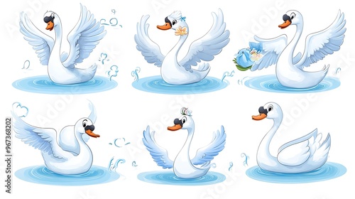 Fototapeta Naklejka Na Ścianę i Meble -  A whimsical collection of cartoon swans in elegant swimming and flying poses, ideal for lake and garden-themed designs. 