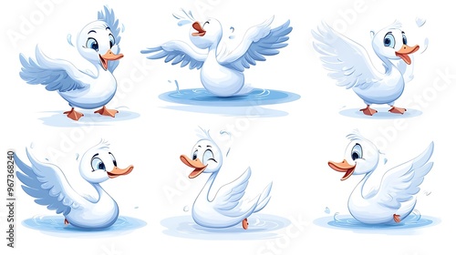 Fototapeta Naklejka Na Ścianę i Meble -  A whimsical collection of cartoon swans in elegant swimming and flying poses, ideal for lake and garden-themed designs. 