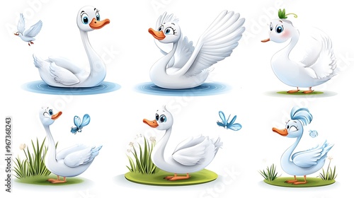 Fototapeta Naklejka Na Ścianę i Meble -  A whimsical collection of cartoon swans in elegant swimming and flying poses, ideal for lake and garden-themed designs. 