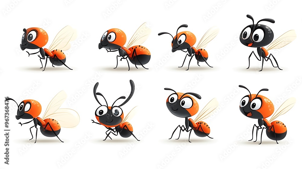 A whimsical variety of cartoon ants in various dynamic poses, ideal for nature and garden-themed projects. A whimsical variety of cartoon ants in various dynamic poses, ideal for nature and garden-themed projects.