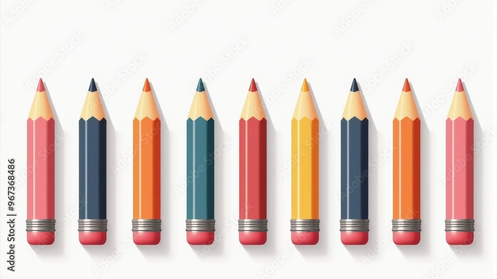Colorful Pencils Illustration in a Row - Back to School Supplies with Retro Art Style Colorful Pencils Illustration in a Row - Back to School Supplies with Retro Art Style