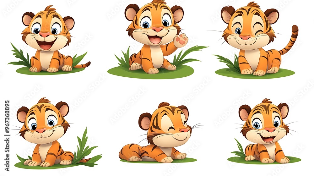 Fototapeta premium A charming assortment of cartoon tigers in playful stalking and resting poses, ideal for jungle and wildlife illustrations. 