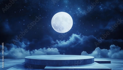 Mock up Midnight blue podium with moonlight and starry night sky photo