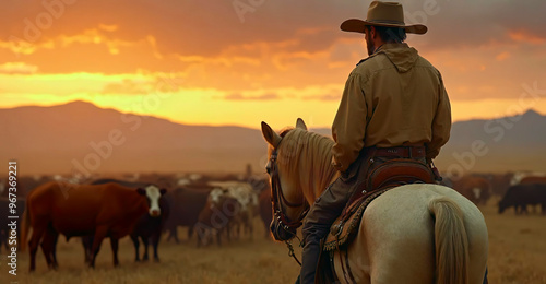 one alone farmer man cowboy herding cattle on white horse, back rear view. Cattle Drive. nord american canadian male Cowboy Herding of Cows on Open Range. unrecognizable person. sunset light