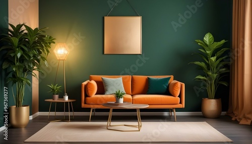 Photo modern style interior room 3d illustration Interior frame living room with colorful white sofa,led with blank frame