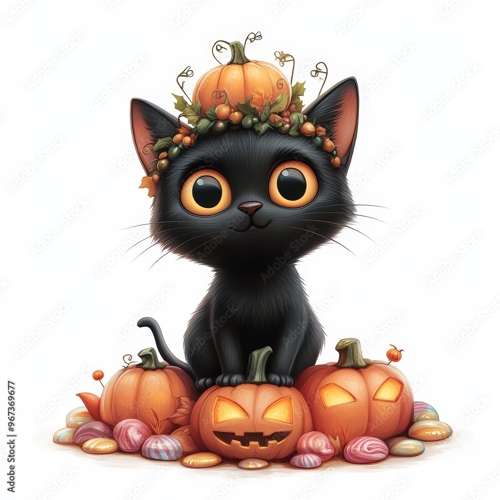 Cute Black Cat with Pumpkin Crown and Jack-o'-Lanterns for Halloween Cute Black Cat with Pumpkin Crown and Jack-o'-Lanterns for Halloween