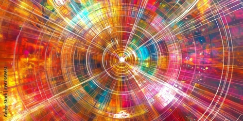 A vivid, abstract depiction of joy with swirling colors, geometric shapes, and glowing symbols, creating a dynamic, energetic background