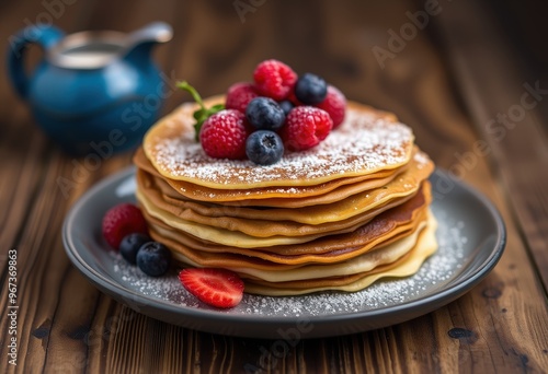 stack of pancakes with syrup and berries