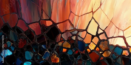 An abstract depiction of harm and healing with dark, jagged shapes breaking apart to reveal bright, glowing core patterns underneath