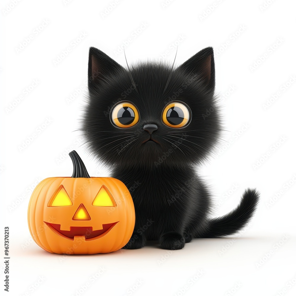 Cute Black Kitten with Jack-o-Lantern for Halloween Cute Black Kitten with Jack-o-Lantern for Halloween