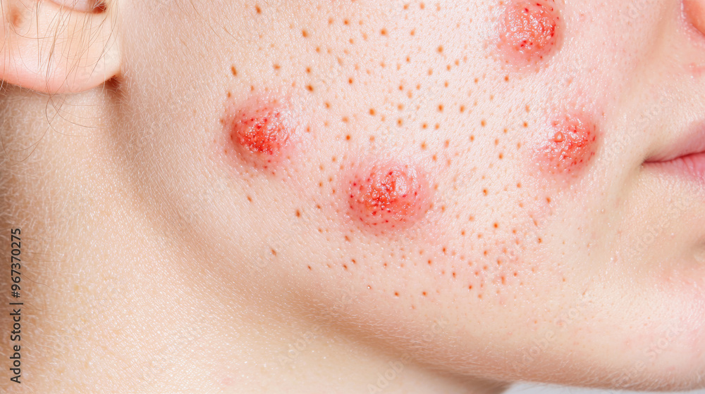 Fototapeta premium Close up of a person's face with acne, showcasing skin health issues and the impact of blemishes on appearance