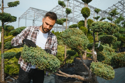 Gardener at work near sprouts of bushes and trees. Horticulture and sale of trees