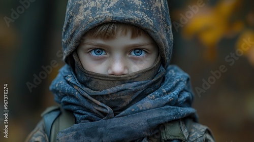 Young Boy in Camouflage with Serious Expression