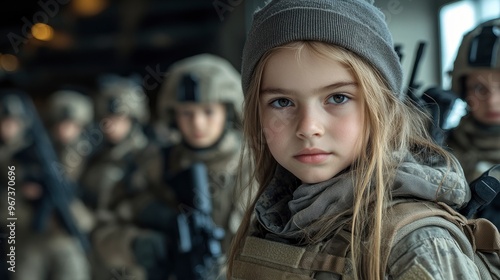 Young Girl Soldier in Military Gear with Team in Background