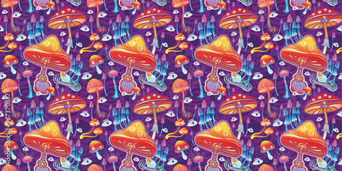 Seamless Pattern with Magic mushrooms, hand drawn vector illustration