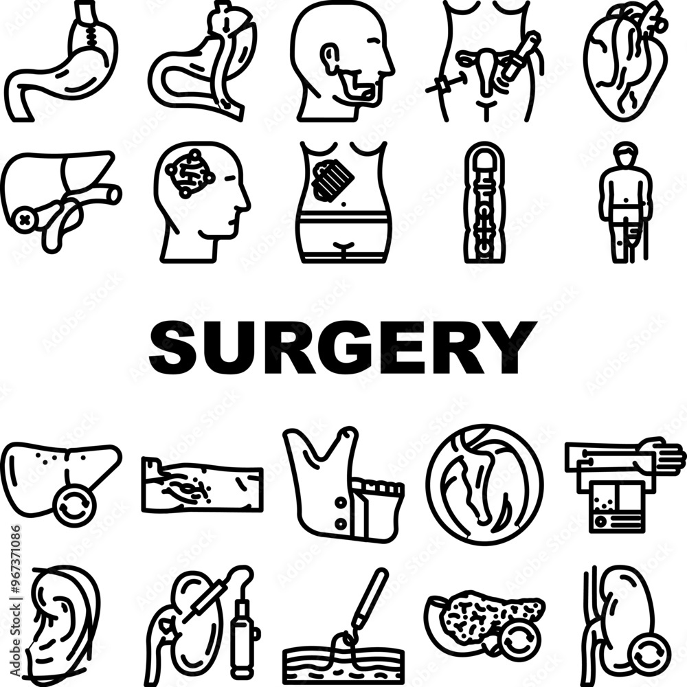 Obraz premium surgery doctor scalpel icons set vector. surgeon hospital, clinic instruments, scrub mask, gloves gown, emergency, trauma surgery doctor scalpel black contour illustrations