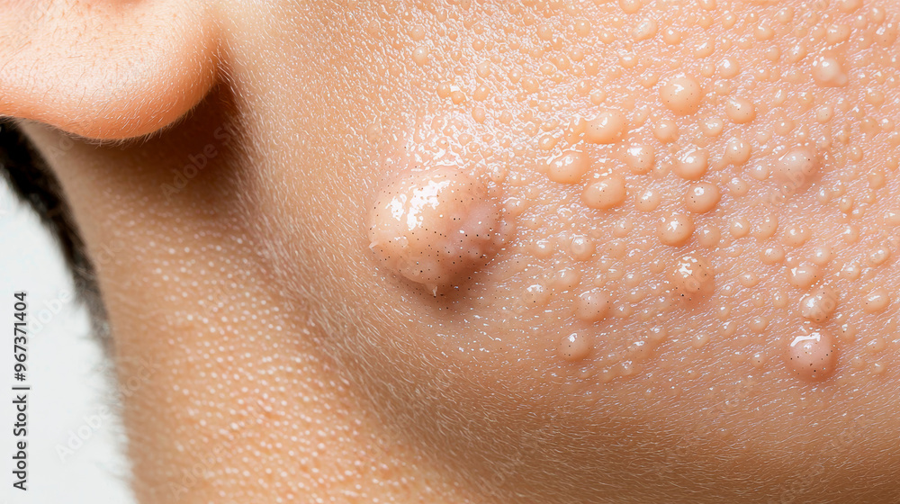 Fototapeta premium Close up of acne on human skin showing pimples and blemishes, representing skincare and dermatological issues