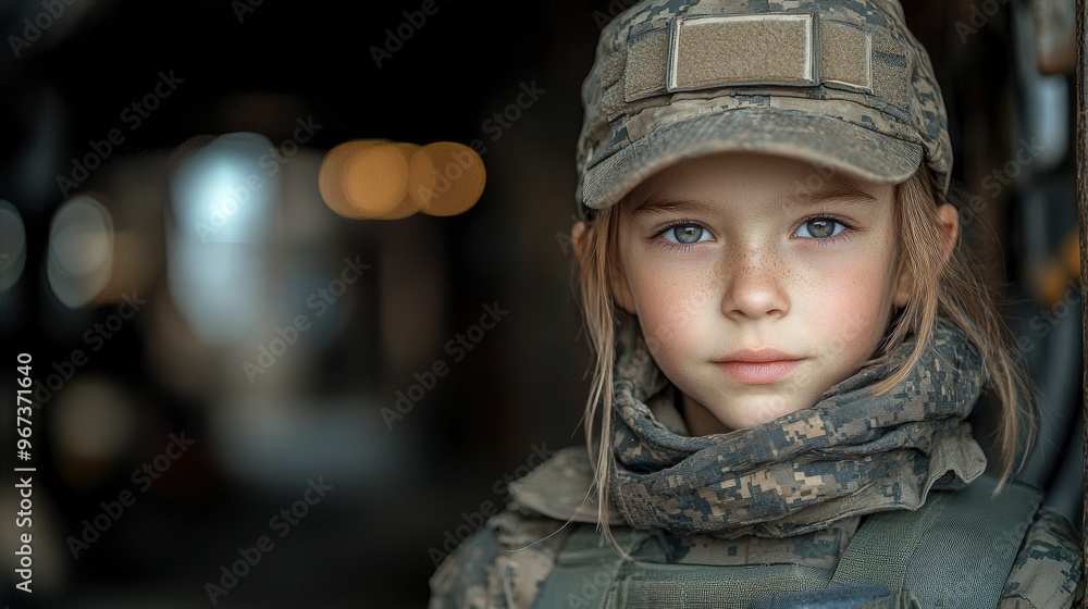 Young girl in military uniform with serious expression Young girl in military uniform with serious expression