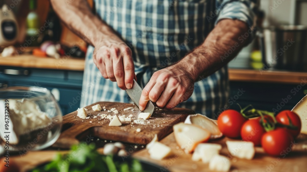 Man Cutting Cheese for a Delicious Meal Man Cutting Cheese for a Delicious Meal