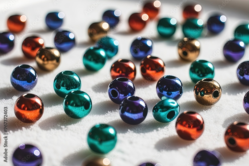 A tightly framed, extreme close-up of a collection of colorful beads scattered randomly on a pristine, A tightly framed, extreme close-up of a collection of colorful beads scattered randomly on a pristine,