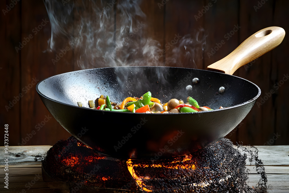 Closeup of chef throwing vegetables from wok pan in fire Closeup of chef throwing vegetables from wok pan in fire