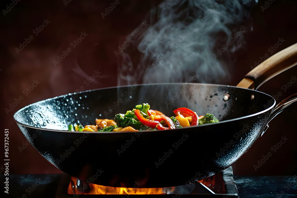 Closeup of chef throwing vegetables from wok pan in fire Closeup of chef throwing vegetables from wok pan in fire