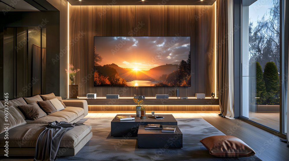 Modern living room interior with sofa and large tv screen on the wall, led strips making ambient light Modern living room interior with sofa and large tv screen on the wall, led strips making ambient light