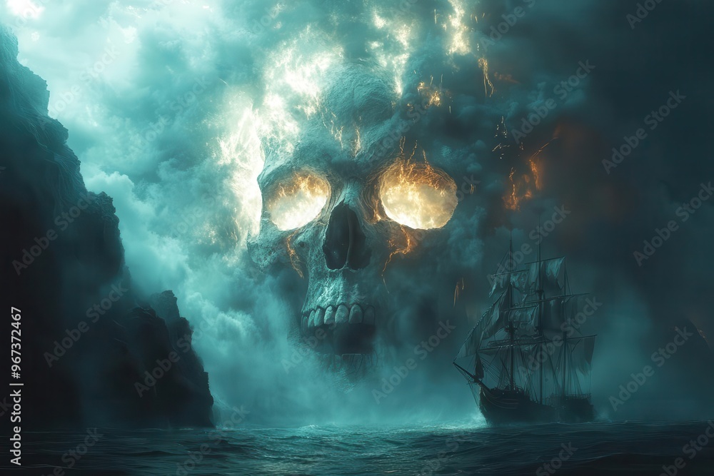 Fototapeta premium skullshaped mountain cavern at twilight bioluminescent fungi ghostly mist pirate ship silhouette ominous stormy seas