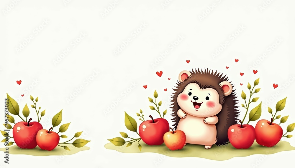 Fototapeta premium Cute hedgehog surrounded by red apples and green leaves, perfect for children's themes and playful designs.