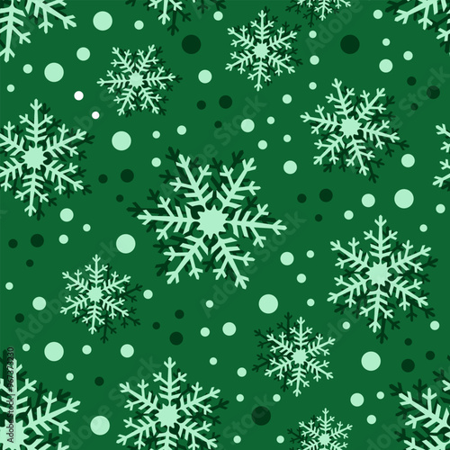 Snowflakes. Pattern with green background
