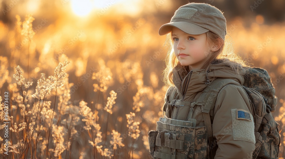 Young Girl in Camouflage Gear at Sunset Young Girl in Camouflage Gear at Sunset