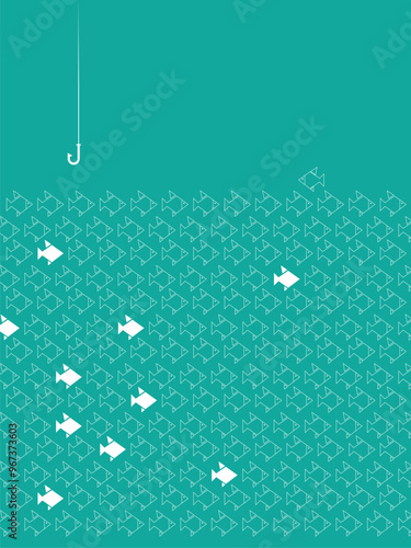 Conceptual cover on the theme of competition, ideas, schematically depicted in the video of a fishing rod and a school of fish